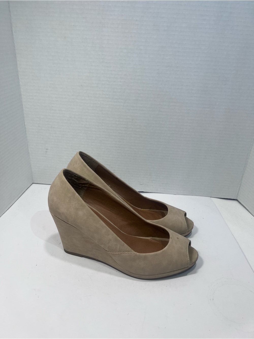 Classified Taupe Suede Peep-Toe Wedge Heels